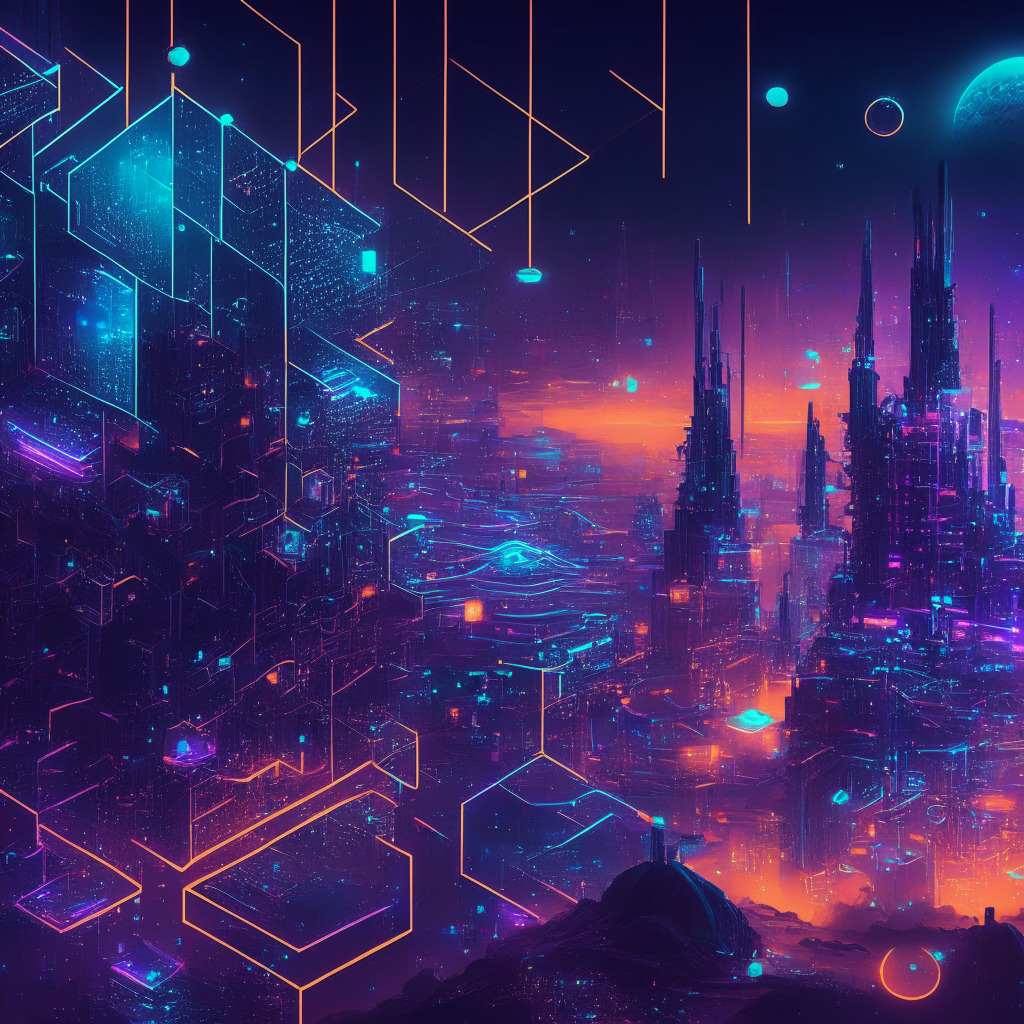 Futuristic blockchain scene, interchain accounts creation, illuminated networks, dusk atmosphere, vibrant colors, developers collaborating, cosmic background, Terra Classic v2.1.0 upgrade, optimistic mood, intricate geometric patterns, cyberpunk-esque style, seamless integration, market recovery hopes, advanced AI applications, gradual growth, hints of innovation.