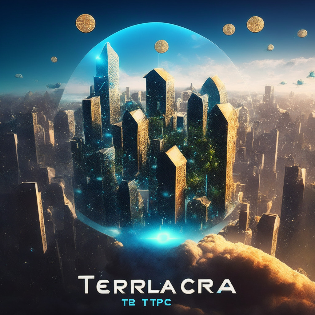Futuristic blockchain city with Terra Classic logo in the sky, celebrating v2.1.1 parity upgrade, diverse developer community collaborating, dApps launching into the air, vast staking milestone represented by a 1 trillion pile of LUNC coins, warm and optimistic lighting, mood of excitement and innovation, revitalized blockchain world.