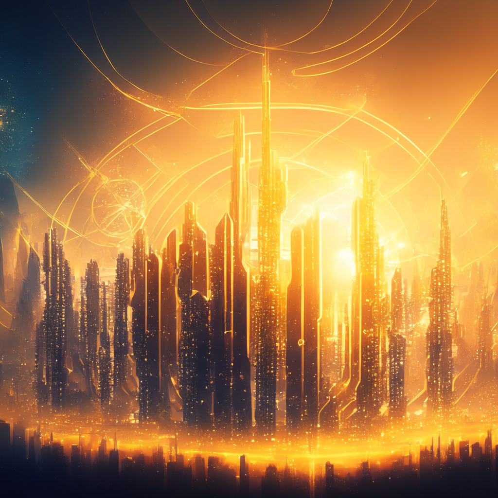 Futuristic city with united community, celebrating unity in blockchain technology, cosmic-inspired digital skyline, Terra Classic chain rising, warm golden light, energetic atmosphere, complex network symbolizing strength, flowing lines represent blockchain evolution, cosmic backdrop, sense of optimism despite looming shadows.