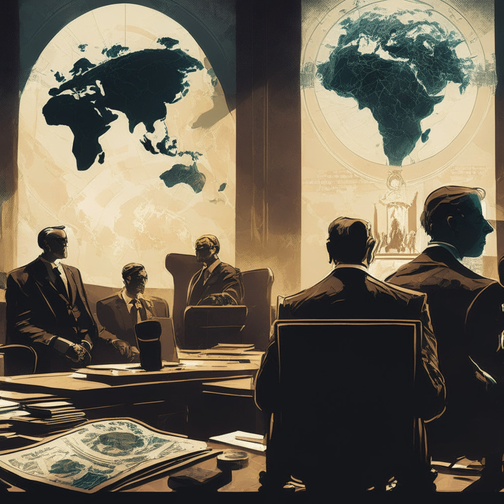 Intricate courtroom scene, Terra co-founders facing legal challenges, soft light casting shadows, somber mood with a hint of determination, contrasting views on crypto regulation, central figures engaged in discussion, backdrop of global map with marked jurisdictions, artistic style reflecting complexities of crypto landscape, hope for balance and innovation.