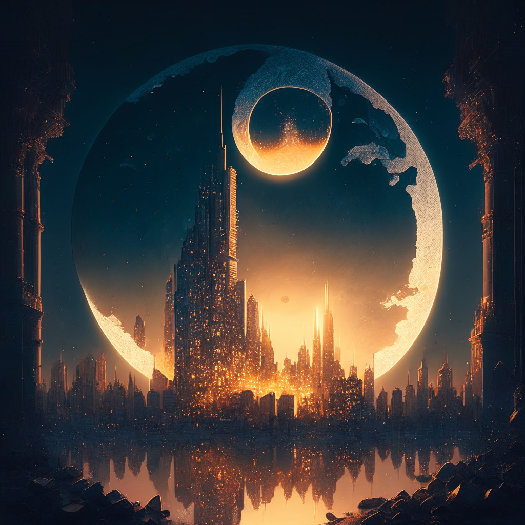 Intricate cityscape at twilight, gleaming crypto coins sprinkled throughout, serene moon above casting a gentle glow, surrealistic digital art style, soft shadows enveloping the scene, lively massive on-fire coin in the foreground, duality of optimism and uncertainty in the atmosphere.
