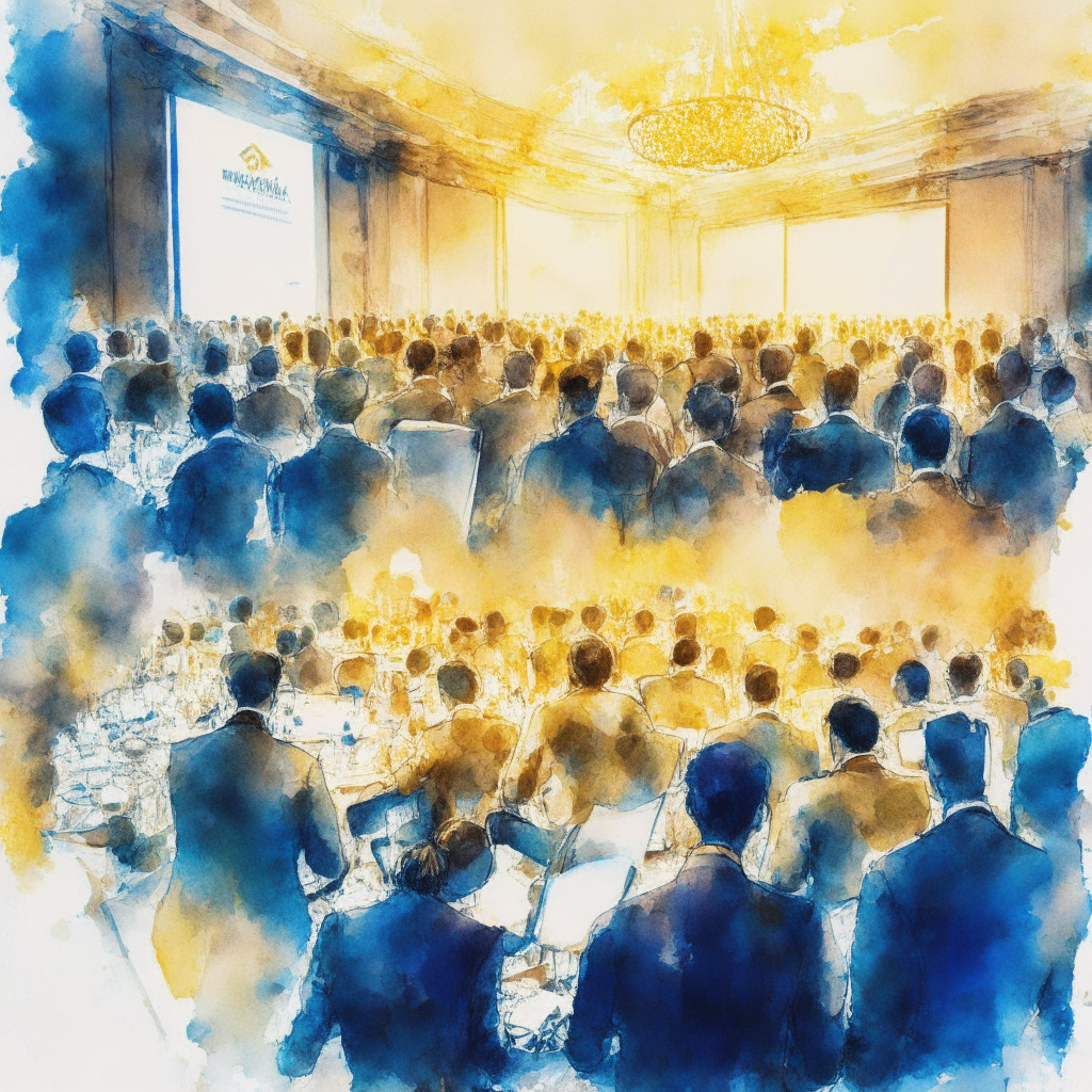 Intricate blockchain conference, delegates voting on Proposal 11597, warmly-lit room filled with anticipation, watercolor style, hues of blues and golds reflecting the Terra Luna Classic community, a hint of excitement in the air, well-dressed validators showing support, teamwork & collaboration as the main focal point, serene and confident mood.