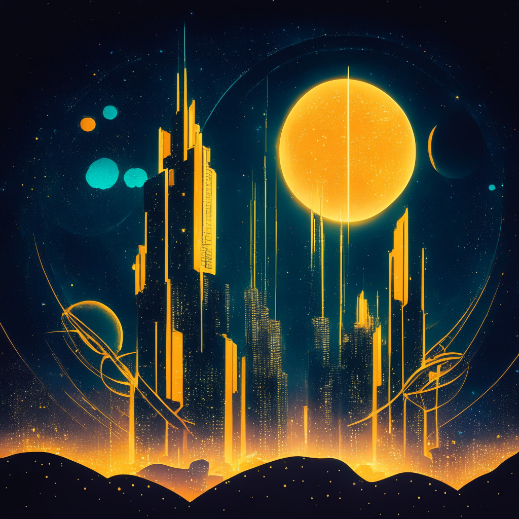 Futuristic cityscape, validator nodes as skyscrapers, glowing Terra Luna emblem, Cosmos chain integration, ethereal light, warm color palette, Van Gogh Starry Night style, sense of growth and connection, market interest surge, interlinking blockchain network, harmonious mood, innovation aura.