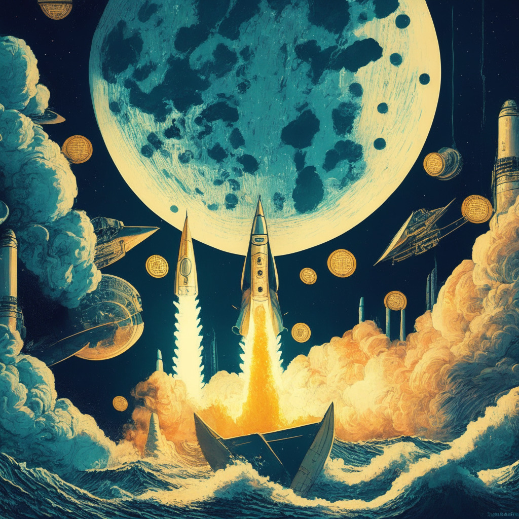 Moonlit crypto market scene, turbulent waves, ascending rocket ships representing Terra Luna Classic & Wall Street Memes, optimistic aura, vintage artistic style, contrasting colors symbolizing market fluctuations, soft glow highlighting potential growth, mysterious mood capturing the uncertainty of crypto industry.