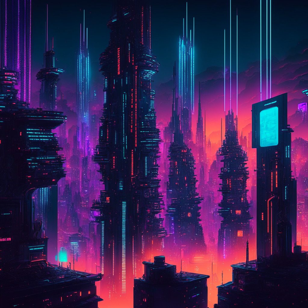 Intricate cyberpunk cityscape at dusk, luminescent skyscrapers, Terra Luna Classic developers discussing a proposal, holographic screens displaying Quicksilver Integration, glowing staking tokens with interconnected chains, vibrant colors signifying prosperity, mood of anticipation and innovation.