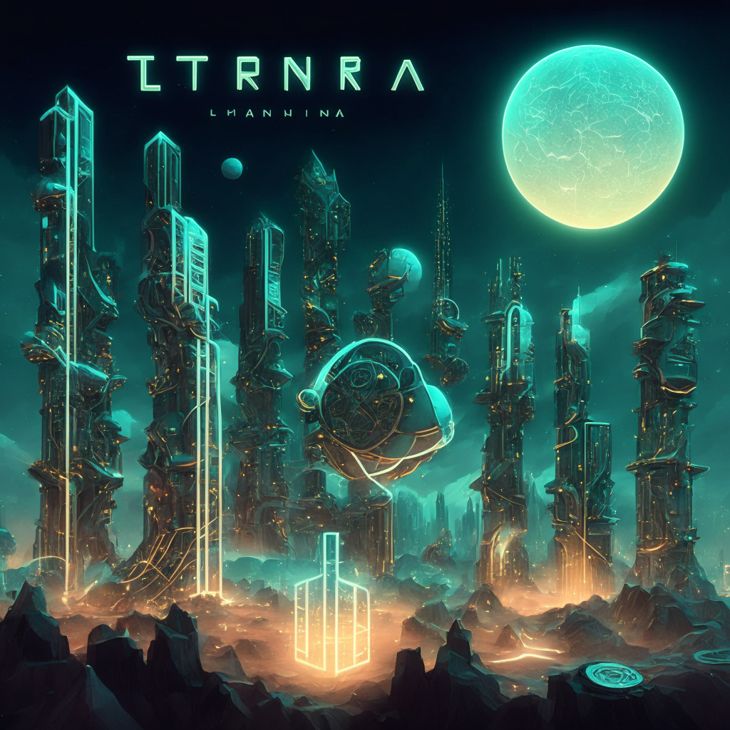 Terra Luna Classic Q3 scene: Diverse group of developers collaborating, futuristic city skyline (representing growth), upgrade gears and interconnected nodes, soft warm glow (optimism), enigmatic atmosphere, Edward Kim's Block Entropy AI app chain as a hologram, Token Factory as a stylized mint, elements of Cosmos SDK subtly integrated.
