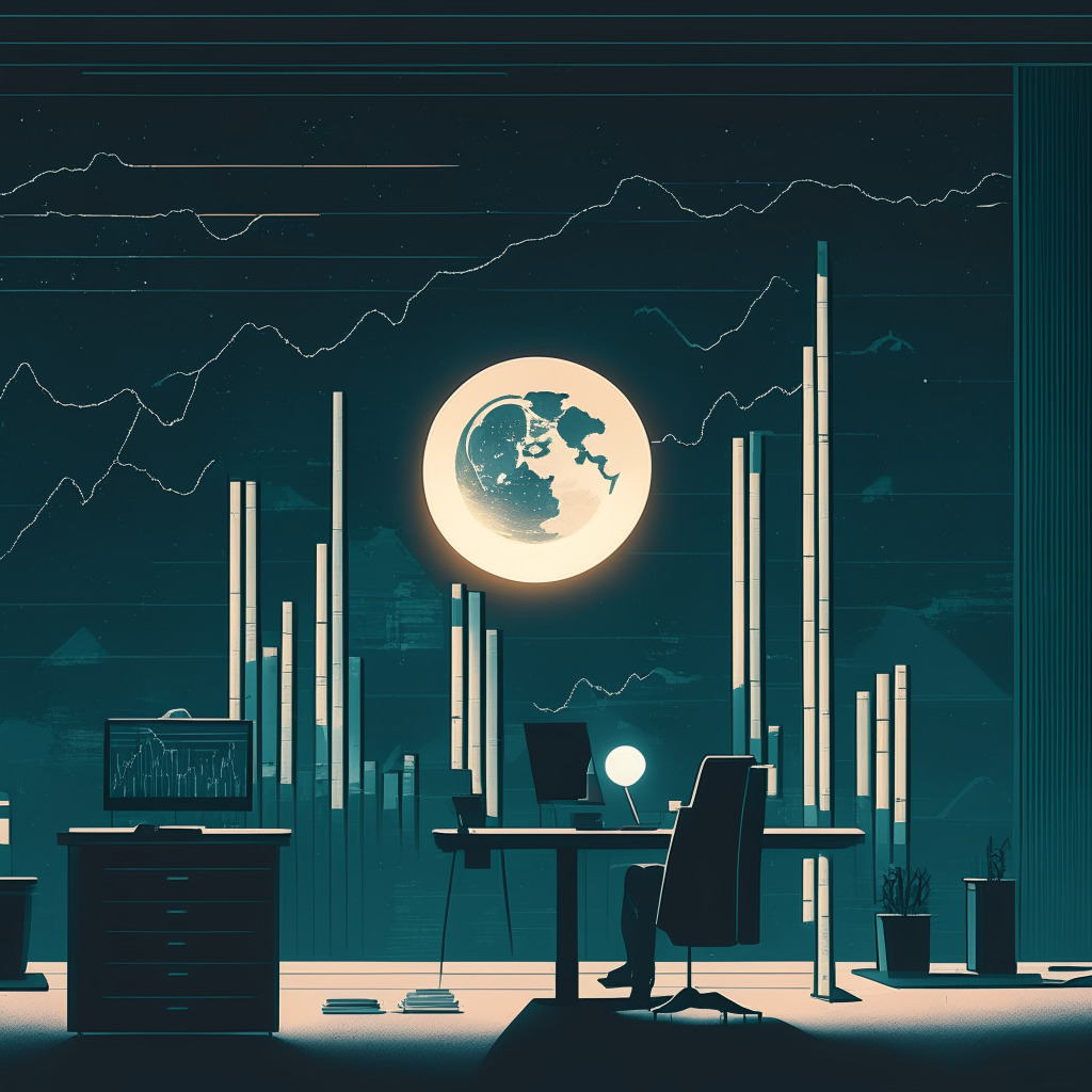 Cryptocurrency recovery scene, Terra Luna Classic rising, darkened office with a glowing moon, bar charts and graphs reflecting growth, subtle Art Deco style, cool-toned color palette, moody and hopeful atmosphere. Risk warnings in an enigmatic handwritten font, potential resurgence, upgraded blockchain taking center stage, test environment, and emerging altcoins as investment opportunities.