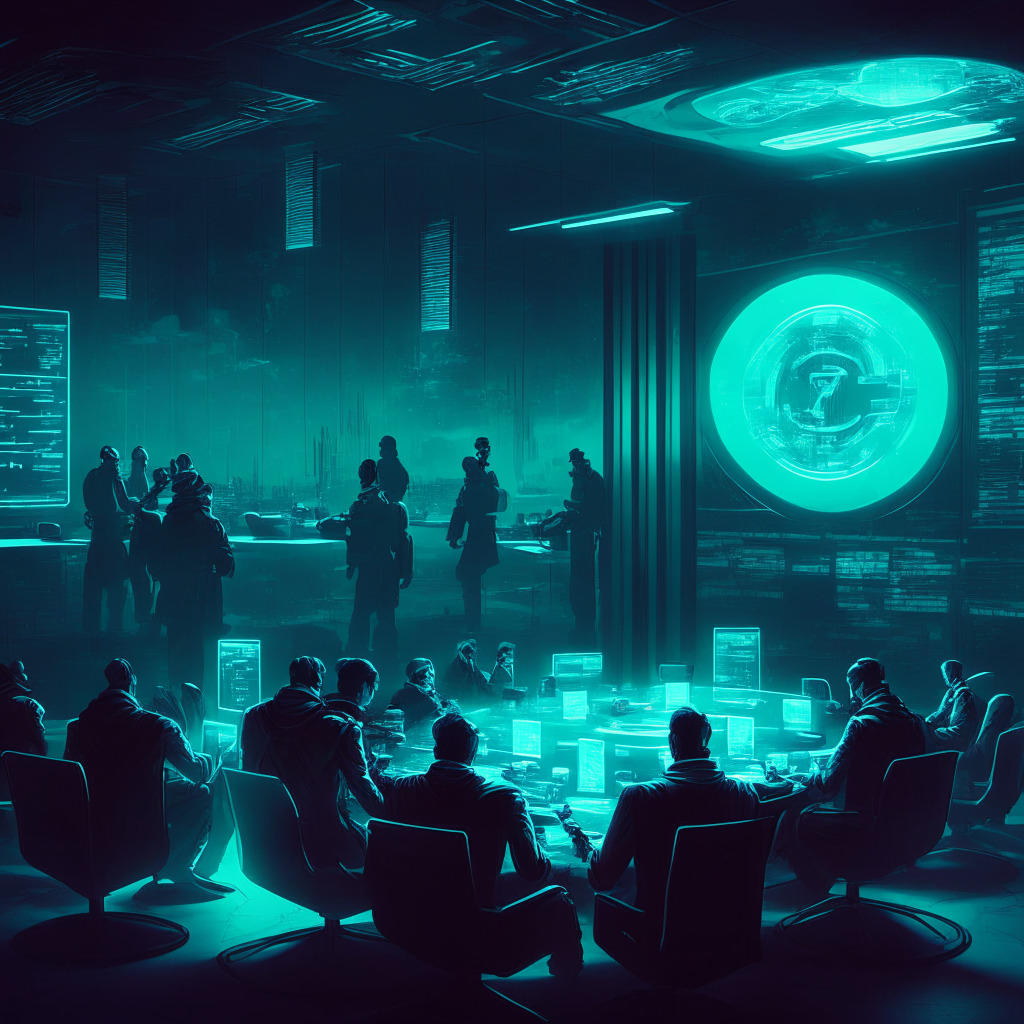 Futuristic financial community scene, Terra Luna Classic developers collaborating, dimly lit room, intense focus, cyberpunk aesthetic, USTC symbol gleaming, LUNC price fluctuating on screen, hopeful mood, crypto exchange support, shadow of controversy, transparent communication, united for ecosystem revival.