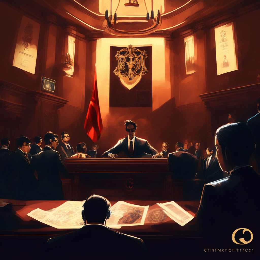 Intricate courtroom scene, chiaroscuro lighting, tense atmosphere, Rococo style, Do Kwon defending himself, judge and lawyers present, Montenegrin flag, Terraform Labs logo in the background, hints of financial uncertainty, subtle connection to Dubai and Costa Rica passports, no brands or logos.