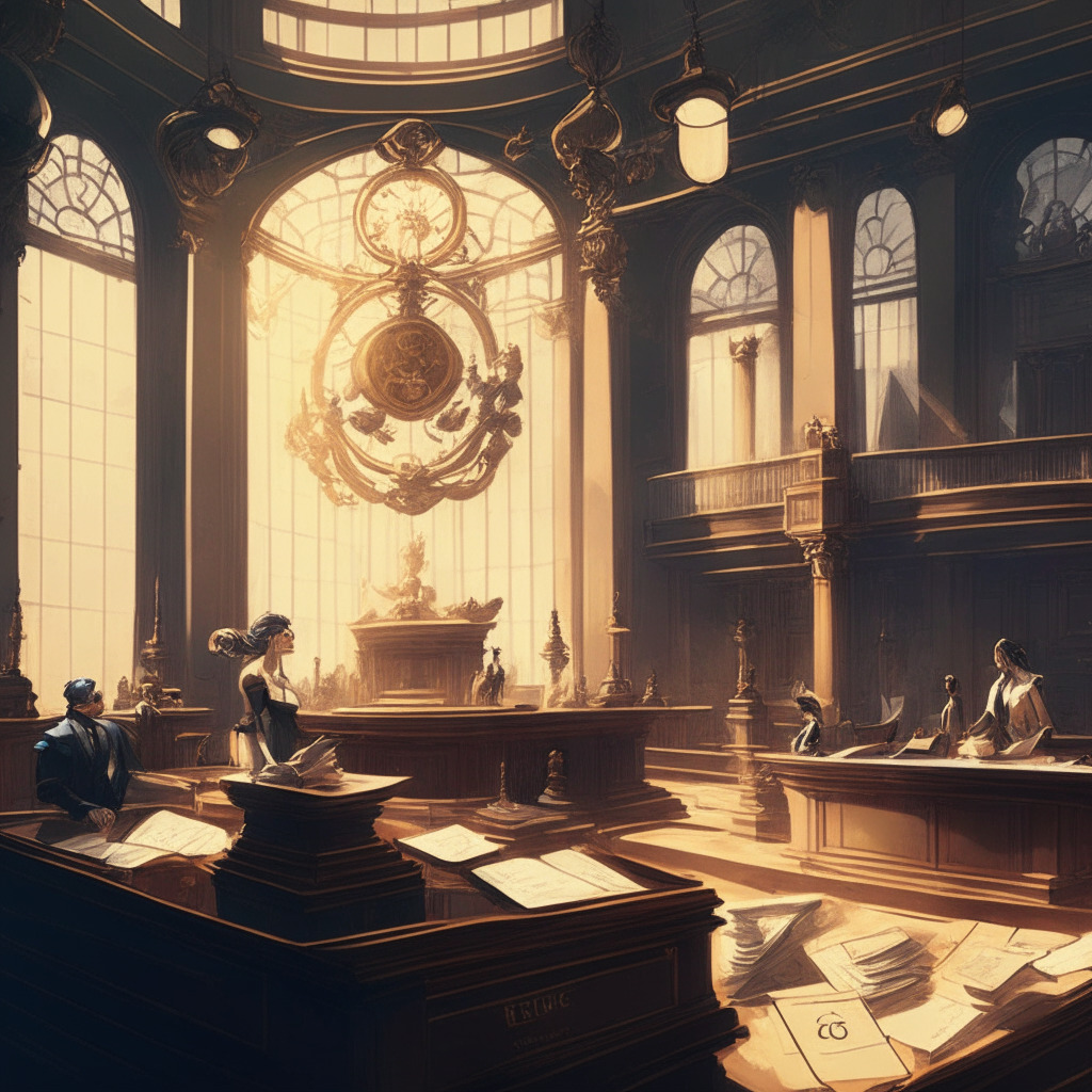 Intricate courtroom scene, Terraform Labs vs. SEC, balanced scales symbolizing debate, UST notes and LUNA-inspired tokens, intense legal discussion, soft warm light filtering through windows, muted color palette, Baroque painting style, intense yet sophisticated atmosphere, focus on determination for future regulatory clarity. (349 characters)