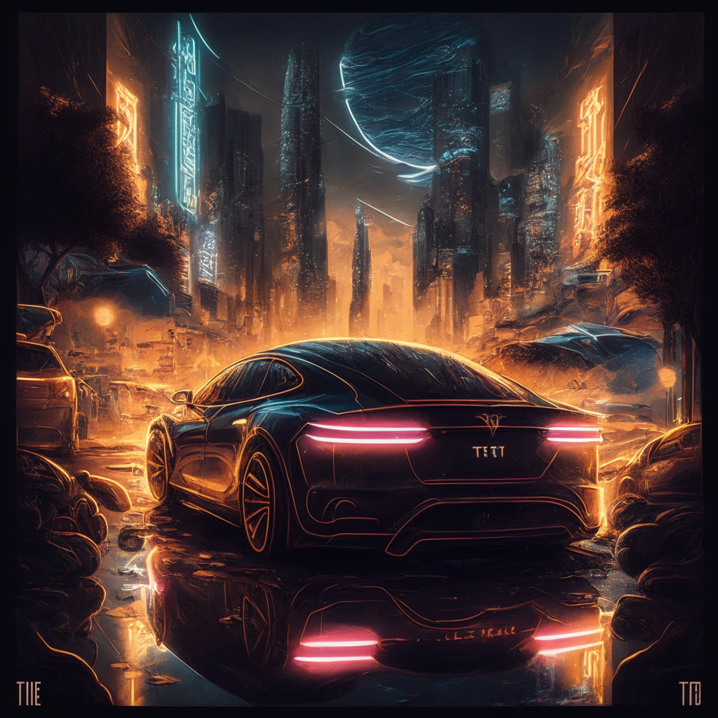 Intricate Tesla car scene, Dogecoin emblem on license plate, Elon Musk driving, futuristic cyberpunk cityscape, warm and cool contrasting lighting, chiaroscuro effect, whimsical and adventurous mood, digital brush strokes, reflective surfaces, daytime-to-night transition, dynamic composition, debate and curiosity undertones.