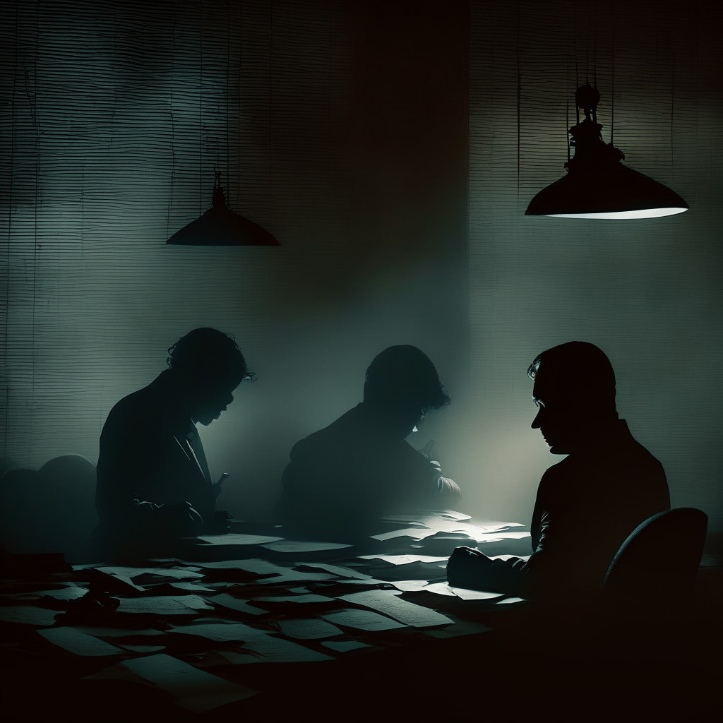 Mysterious account deactivations, crypto exchange under scrutiny, dimly lit scene, shadowy figures whispering, air of uncertainty, chiaroscuro lighting, hushed atmosphere, enigmatic mood, trust and transparency at stake, swirling papers and documents shrouded in darkness.