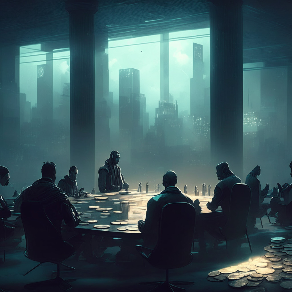 Cryptocurrency scene, muted colors, Tether coins in the background, a group of people around a table discussing regulatory concerns, checks & balances scale, futuristic cityscape. Subdued chiaroscuro lighting, blend of neoclassical & cyberpunk art style, a contemplative and cautious mood.