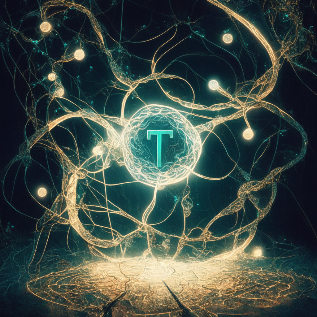 Intricate blockchain network, Tether USDT on Kava, various interconnected coins, cross-chain bridges, glowing liquidity streams, warm ethereal glow, artistic interplay of light and shadows, financial stability vs swirling volatility, dynamic tension, dappled light conveying uncertainty and evolution.