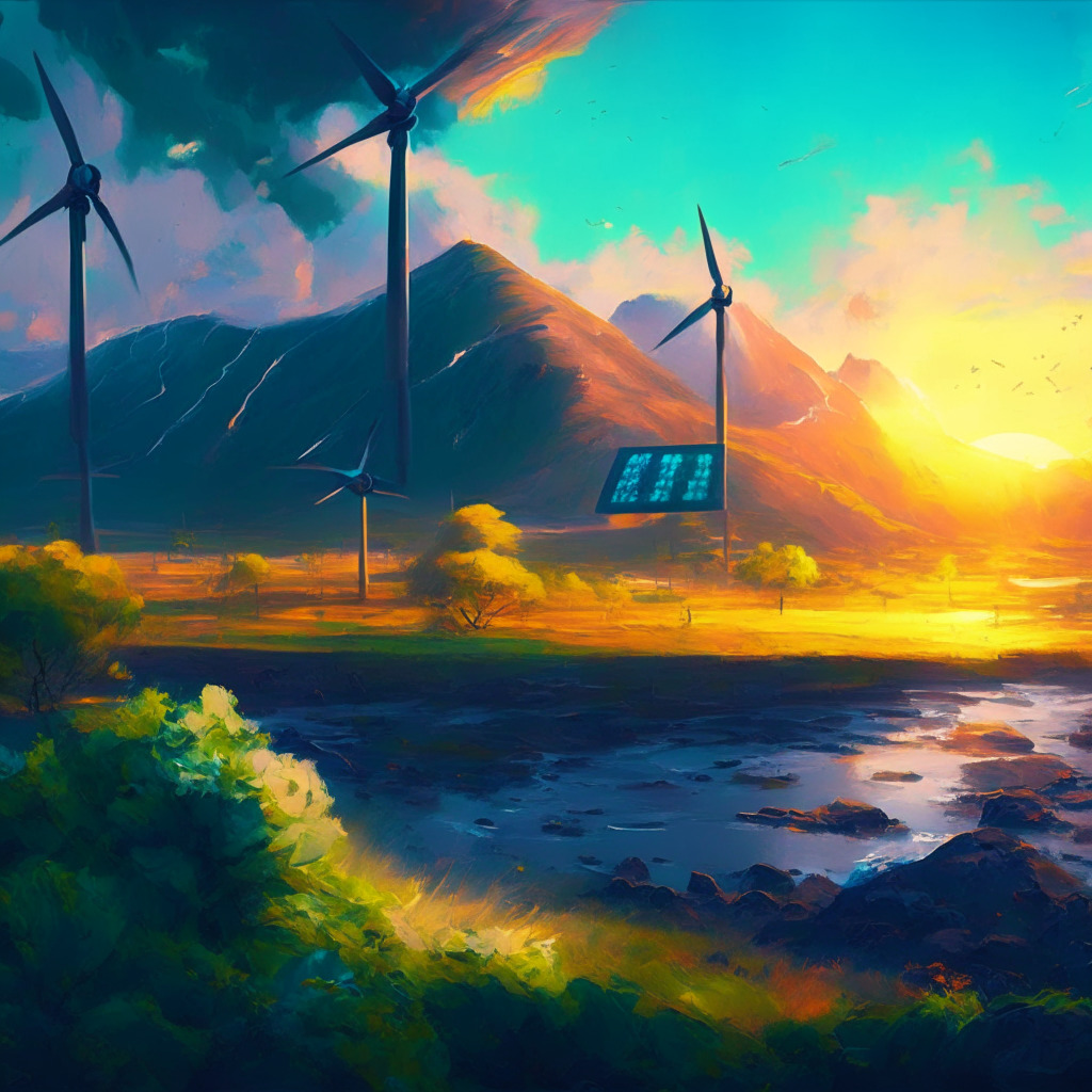 Volcanic landscape, solar panels, wind turbines, Bitcoin mining farm, lush greenery, contrast between innovation and nature, ethereal lighting, dawn or dusk setting, impressionist painting style, emotionally optimistic yet cautious mood, hint of conflict and harmony.