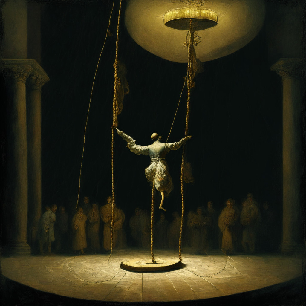Intricate Renaissance-style painting, dimly lit scene, Tether (USDT) coin delicately balanced on a tightrope, background showing fluctuating crypto markets, anxious traders in shadows, contrasting moods of uncertainty and assurance, underlined tension between stability and doubt. (350 characters)