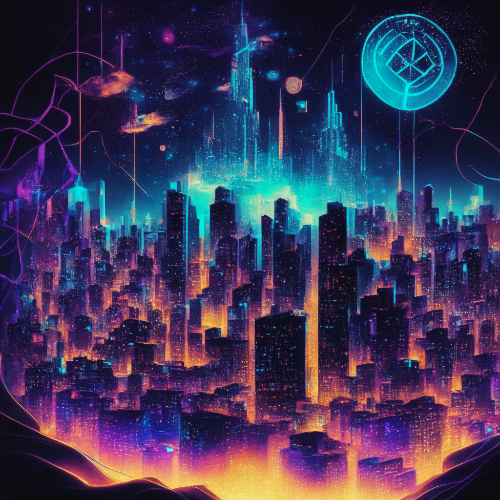 Intricate cityscape with glowing Ethereum blockchain, towering Tether stablecoins, night sky illuminated by $1B USDT, contrast of the struggling USDC, vibrant colors evoking dominance, fluidity symbolizing chain swaps, tension reflecting regulatory challenges, overall mood of resilience and power.