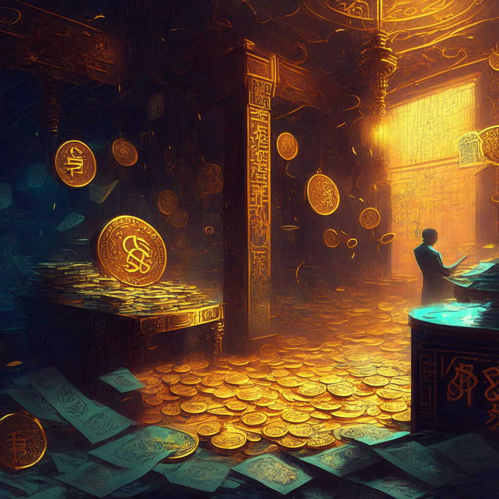 Mysterious financial setting, Chinese securities, large stablecoin, international banks, traces of gold, cryptocurrency market, liquidity, swirling concerns, vibrant colors, dimly lit room, surrealism, tense atmosphere, intricate details, interconnected web, hidden assets, subtle sense of unease. (350 characters)