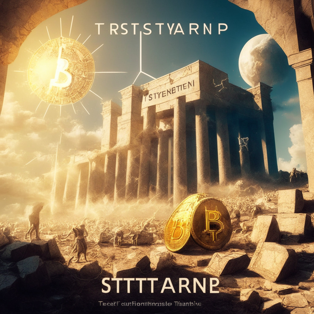 Stablecoin triumph scene, Tether gaining market dominance, market cap milestone, TerraUSD's collapse aftermath, sunlit financial freedom backdrop, renaissance-inspired resilience, shining transparency, mood of adaptability, integrated crypto-mining operation, eco-friendly energy, subtle Bitcoin investment elements, 350 characters.