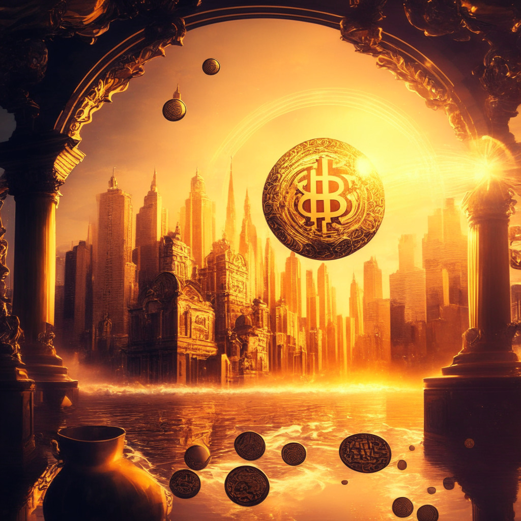 Cryptocurrency scene, intricate dollar-based cityscape fading, Uniswap & Curve pool logos as floating orbs, dominant USDT orb overshadowing smaller USDC & DAI orbs, Baroque art style, dramatic golden sunset light setting, sense of instability & tension, market turmoil atmosphere.