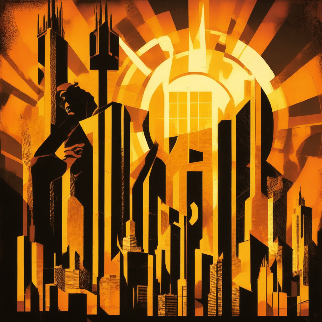 Intricate city skyline with finance symbols, dramatic sunset casting golden light, early 20th-century cubist style, tension-filled atmosphere, a comeback scene from market challenges, contrasting shadows symbolizing controversies, dominant and resilient presence of a central figure representing USDT.