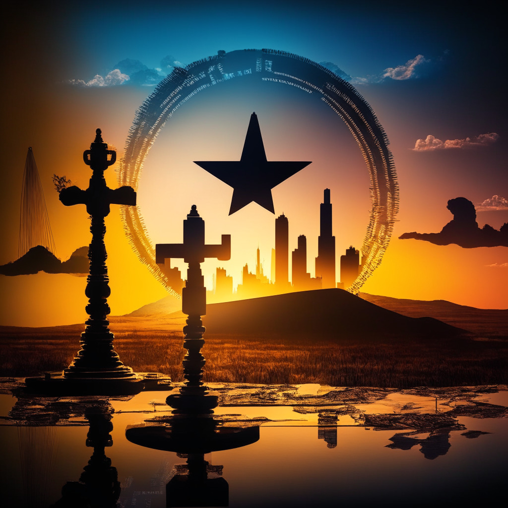 Texas regulations on crypto, balance between oversight and innovation, sunset illuminating justice scales, contrast of dark shadows and light in an abstract landscape, tension between control and freedom, chiaroscuro atmosphere, defocused background with digital currency symbols, cautious optimism.