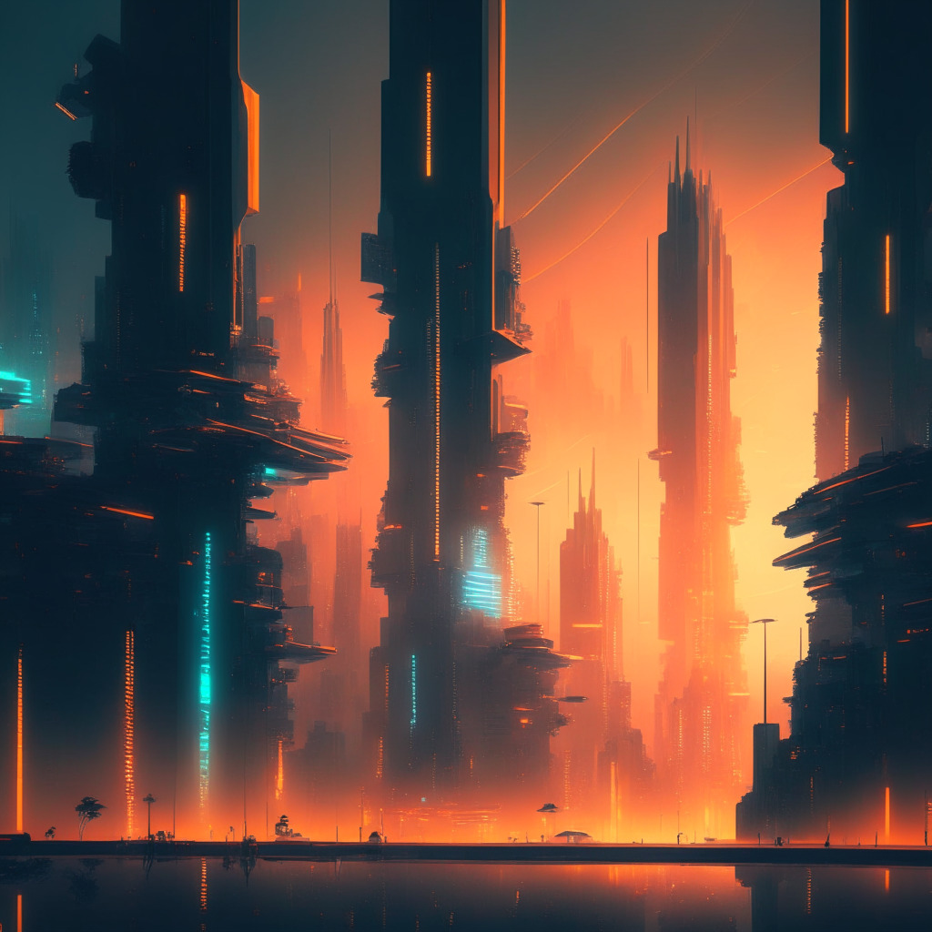 Futuristic digital cityscape w/ contrasting elements, centralized vs decentralized, warm glowing tones, subtle light reflections emphasizing P2P interactions, Bitcoin subtly integrated, tinge of tension & uncertainty in the atmosphere, authoritative stance, muted colors expressing possible resistance.