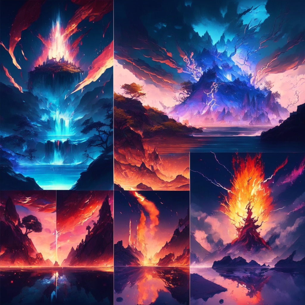 Anime-inspired NFT scene, four kingdoms representing fire, water, earth, and lightning, mythical landscape, ethereal lighting, dynamic and vibrant colors, hint of anticipation, Azuki-style art, mix of rare and common elementals, harmonious composition, sense of excitement and exclusivity.