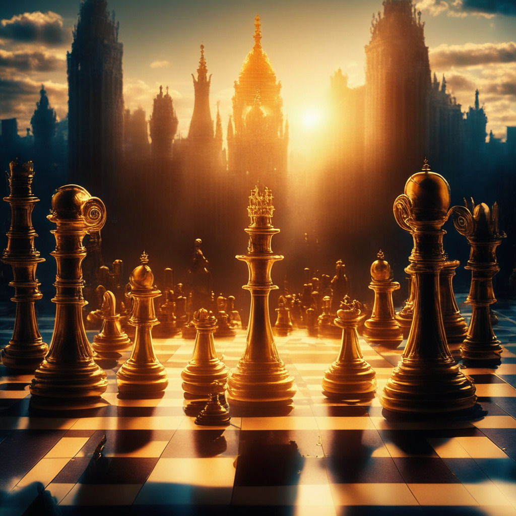 Intricate chess game between tech giants & regulators, European cityscape backdrop, digital currency symbols as chess pieces, contrasting light & shadows, Baroque artistic style, tense atmosphere, expressions of concern on regulators' faces, golden light highlighting possible future regulations. Max:350