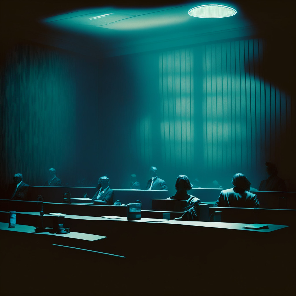 A somber courtroom scene, under the cool fluorescent lights reflective of hard legal battles, in sharp contrast to the mysterious shadows cast by allegations of fraud & mischief on one side. On the other, a hopeful aura of a proposed settlement, representing a potential recovery path for creditors.