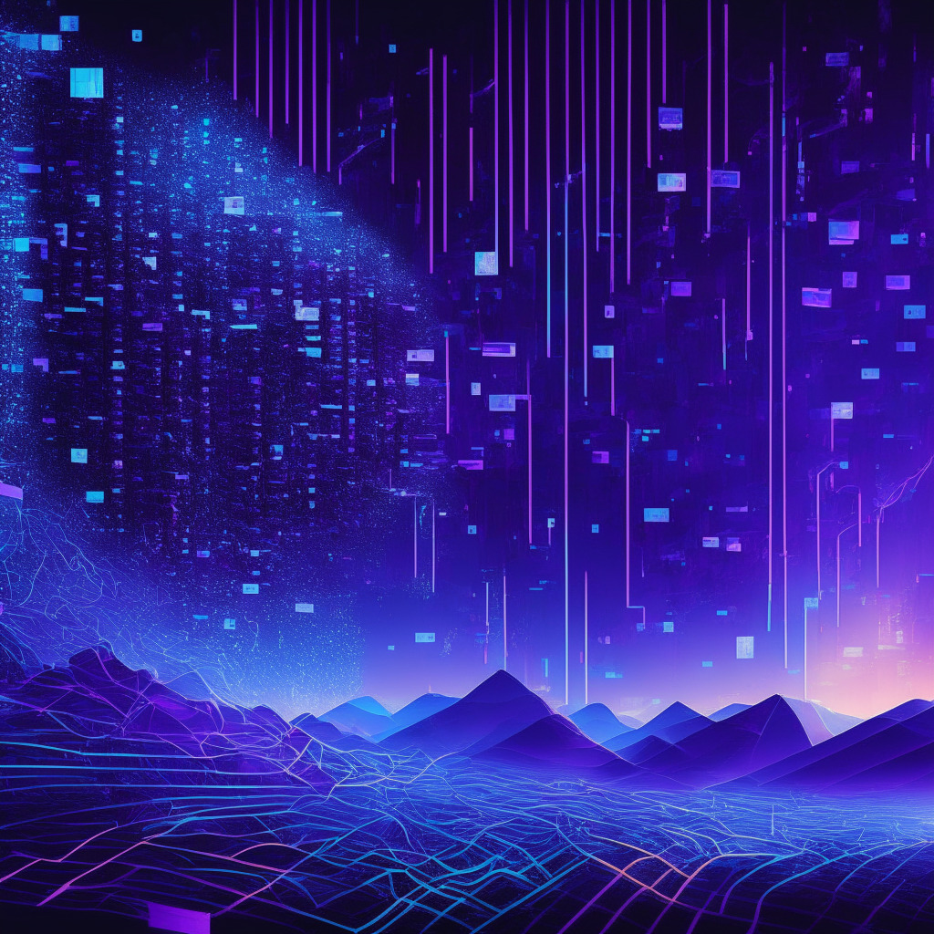 Abstract cyber landscape at dawn, an intricate tapestry of data blocks signifying blockchain technology, a network suggesting merger between two digital titans. Dynamic streaks of light pass through symbolizing rapid movement and progress. Vivacious hues of blues and purples to set a mood of anticipation and mystery, influenced by futurist style.