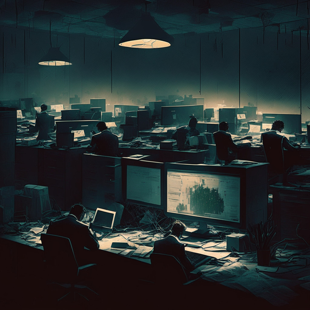 Gloomy crypto exchange collapse, intricate web of legal expenses, dimly-lit office setting, chaotic paperwork, contrasting warm glow from computer screens, determined professionals at work, slightly chaotic and unregulated atmosphere, overall somber and apprehensive mood.