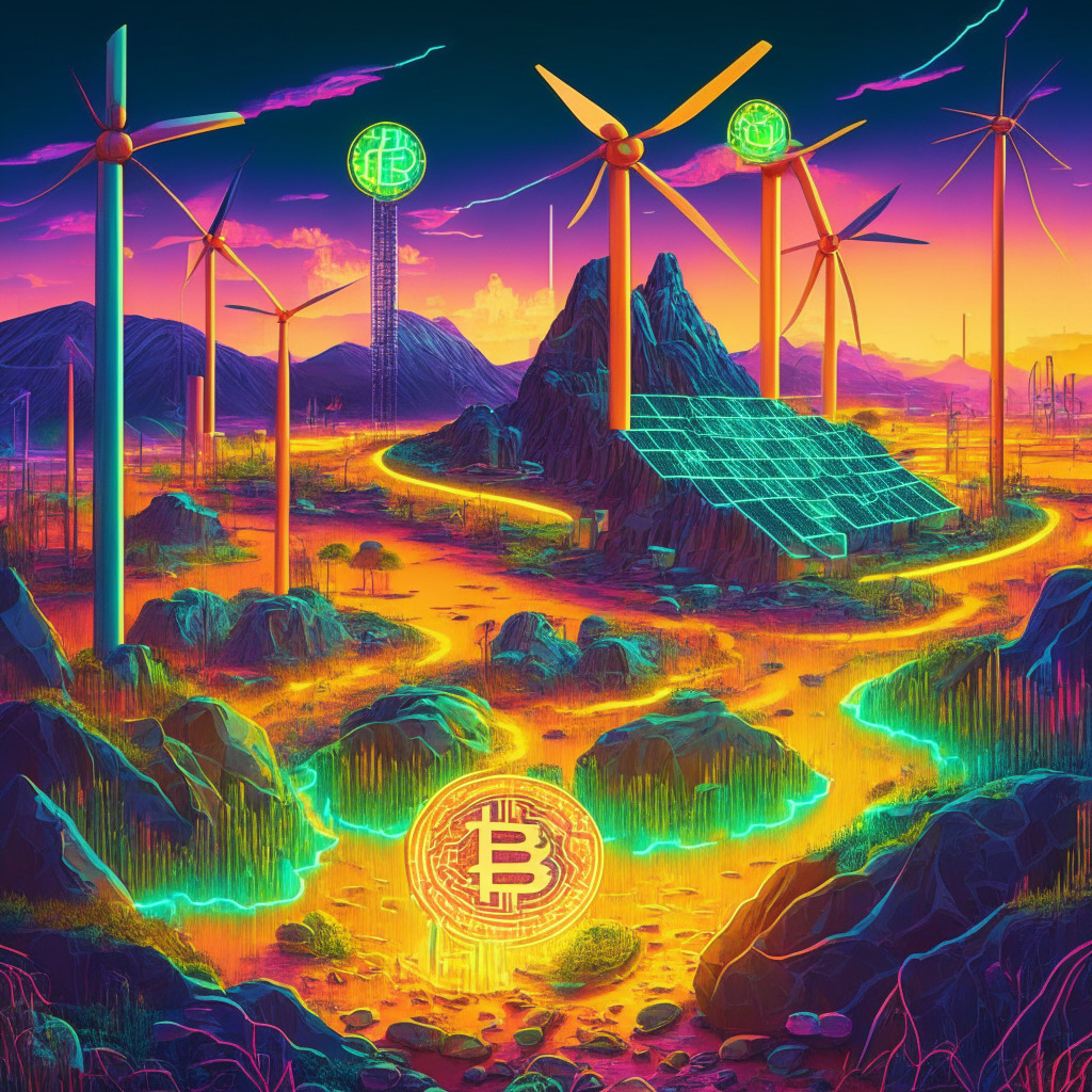 Futuristic Bitcoin mine with low-cost electricity, sustainability focus, thriving miners, soft glowing light, U.S.-based landscape in background, vivid colors, Art Nouveau style, mood of innovation and resilience, renewable energy sources portrayed, sense of environmentally friendly progress.