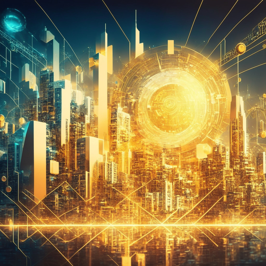 Futuristic cryptocurrency city, CBDCs interconnectivity, decentralized financial institutions, golden and silver hues, glowing blockchain networks, lively atmosphere with dynamic motion, tension between centralization & freedom, contrasting visuals of traditional banks & digital innovation.