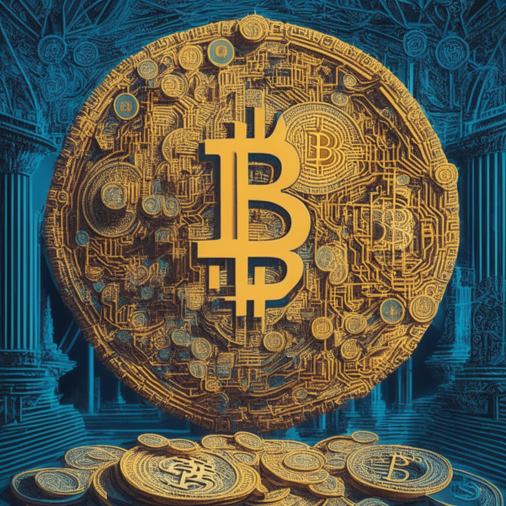 Intricate blockchain design, contrasting colors, warm light setting, dynamic financial landscape, confident investors, Cameron Winklevoss' bold statement, baroque artistic style, mysterious mood, Bitcoin ETFs emerging, geographical shift towards the East, inspired by Federal Reserve's acknowledgment of stablecoin payments, hint of upcoming US regulations.