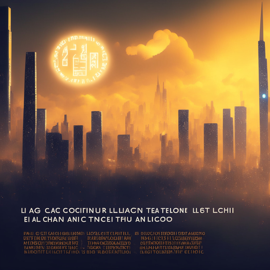 Blockchain debate scene, warm lighting, futuristic city skyline, cryptocurrency coins on one side, traditional currency on the other, animated discussion between supporters and skeptics, cyber security shield, contrasting moods of optimism and caution, digital tokens and NFTs floating above, text overlay with Lao Tzu quote, hazy atmospheric colors.