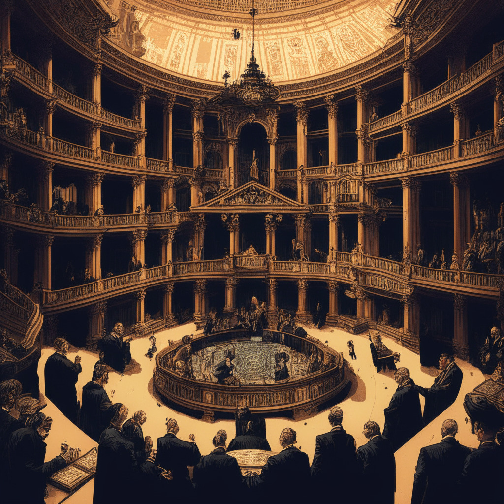 Intricate European Parliament building, lawmakers in discussion, crypto assets transforming into traditional stocks, bonds, and diverse digital items like NFTs, DeFi, and DAOs. Baroque art style, chiaroscuro lighting, hints of skepticism and uncertainty in facial expressions, high contrast colors represent regulatory debates and evolving landscape.