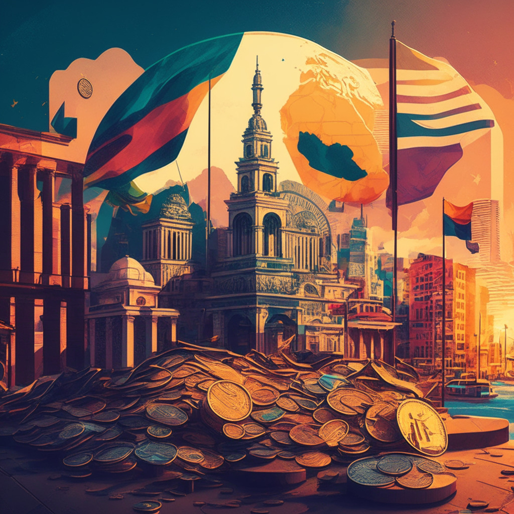 Intricate Latin American cityscape, sunset hues, blending traditional architecture with futuristic elements, background featuring countries' flags, crypto coins scattered, central banks, a balance scale with pros and cons, spirited local community, air of thoughtful contemplation, a spark of financial inclusion, hint of ongoing debate.