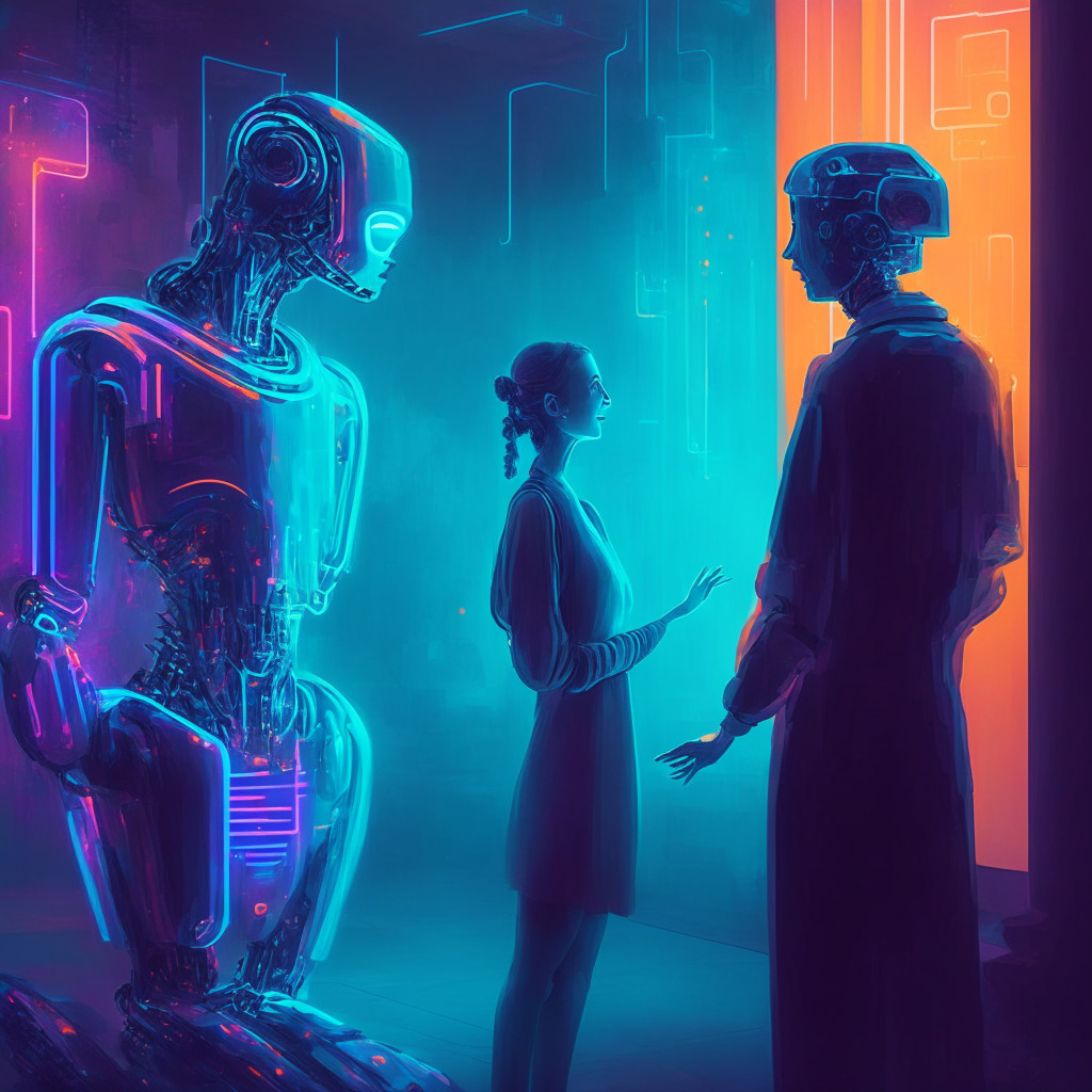 Futuristic human-machine interaction scene, warm ambient lighting, person communicating with AI assistant, holographic interface, diverse age group, emotionally intelligent AI, conversation with context sensitivity, vibrant tone, cross-cultural collaboration, inspired by impressionist art style.