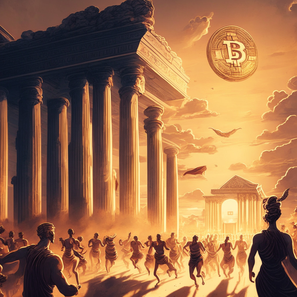 Ancient Greek-inspired Bitcoin temple, sundown atmosphere, warm hues, participants racing for a golden ETF trophy, uncertain clouds hovering, Wall Street titans observing the race. Intricate architectural details, elevated mood, sense of anticipation and mystery, dynamic elements showing tension in crypto regulation landscape. #BitcoinETF