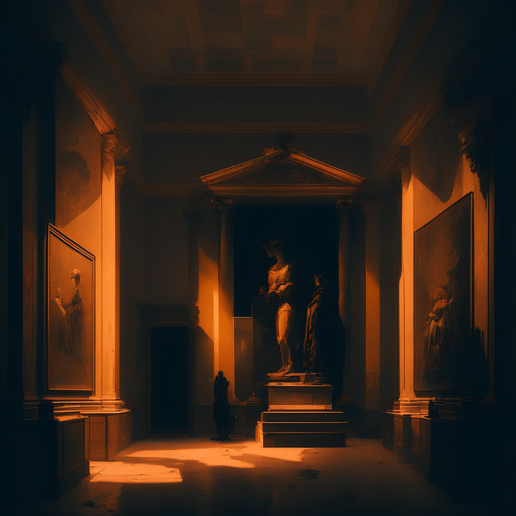 A dimly-lit art museum with historical and modern pieces, warm color palette, subtle chiaroscuro effect, mysterious atmosphere, a central artwork symbolizing philanthropy, charity, and cryptocurrency subtly intertwined, hint of tension in the air, an ambiguous mood reflecting the complexity of recovering funds and the need for transparency in crypto donations.