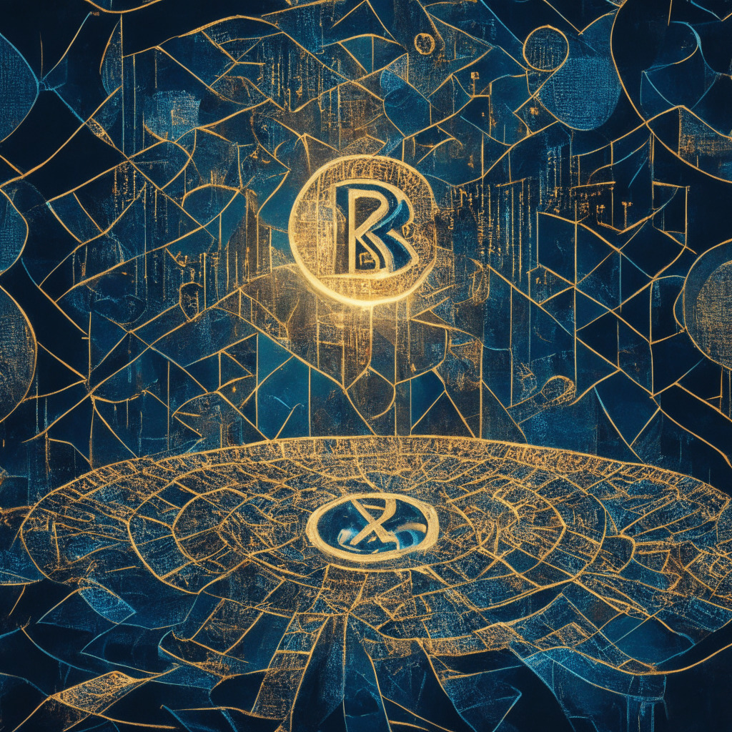 Crypto market's intricate mosaic, DeFi revolution in progress, contrasting light and shadow representing gains and losses, modern-artistic style reflecting emerging tokens, XRP's notable growth, moody ambiance symbolizing regulatory scrutiny, altcoins' rise showcasing potential and volatility.