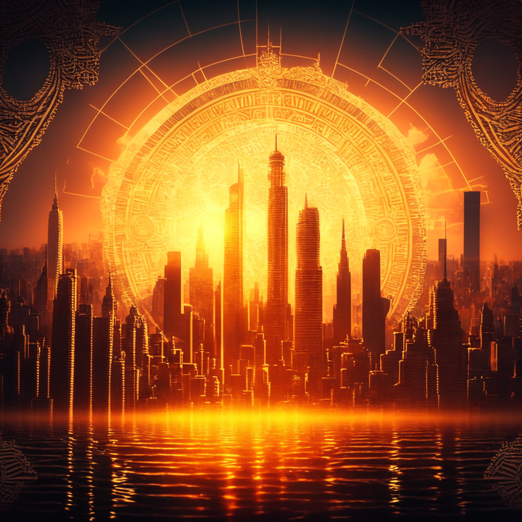 Intricate city skyline with crypto symbols, a shining ETF tower, diverse investors, golden horizon, Baroque style, warm sunset hues, confident expressions, rays of hope, chiaroscuro contrast, resilient atmosphere, harmonious blend of traditional and crypto finance.