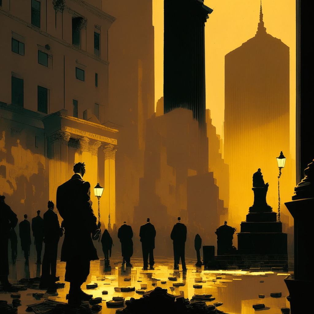 An imposing Wall Street scene at dawn, bathed in hushed candlelight tones, signifying uncertainty. In the foreground, a toppled golden Bitcoin, symbolizing a sudden market dip. In the background, a silhouette of an SEC office, exuding a stern demeanor. Artistic style leans on hues of a gloomy Degas. The mood is of an intense, unsettled anticipation, glaring uncertainties lending a somber air.