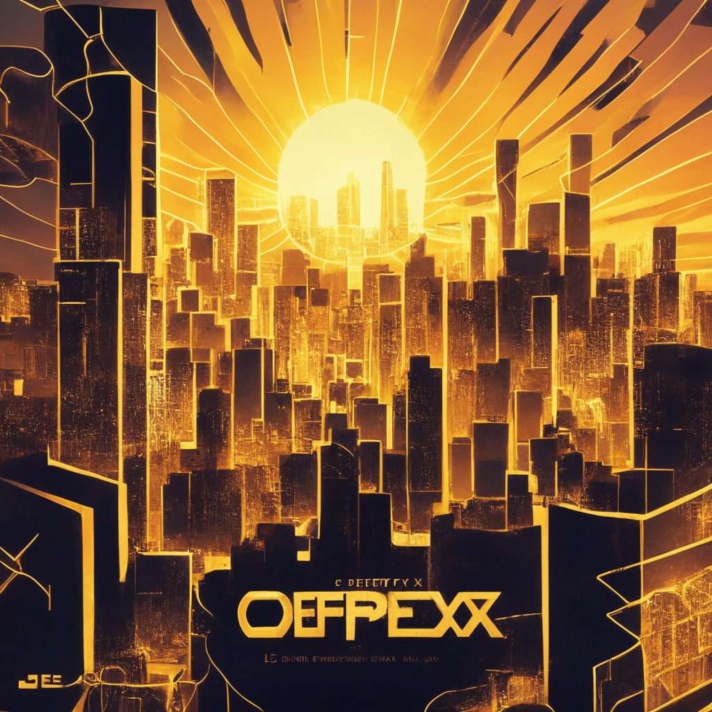 Decentralized exchange shift, artistic crypto-futuristic style, warm golden light cascading on Web3 city skyline, positive mood, contrasting CEX dominance with thriving DEX ecosystem, breakthrough cross-chain technologies, financial freedom and empowerment, barriers fading, seamless user experiences, dawn of DeFi era.