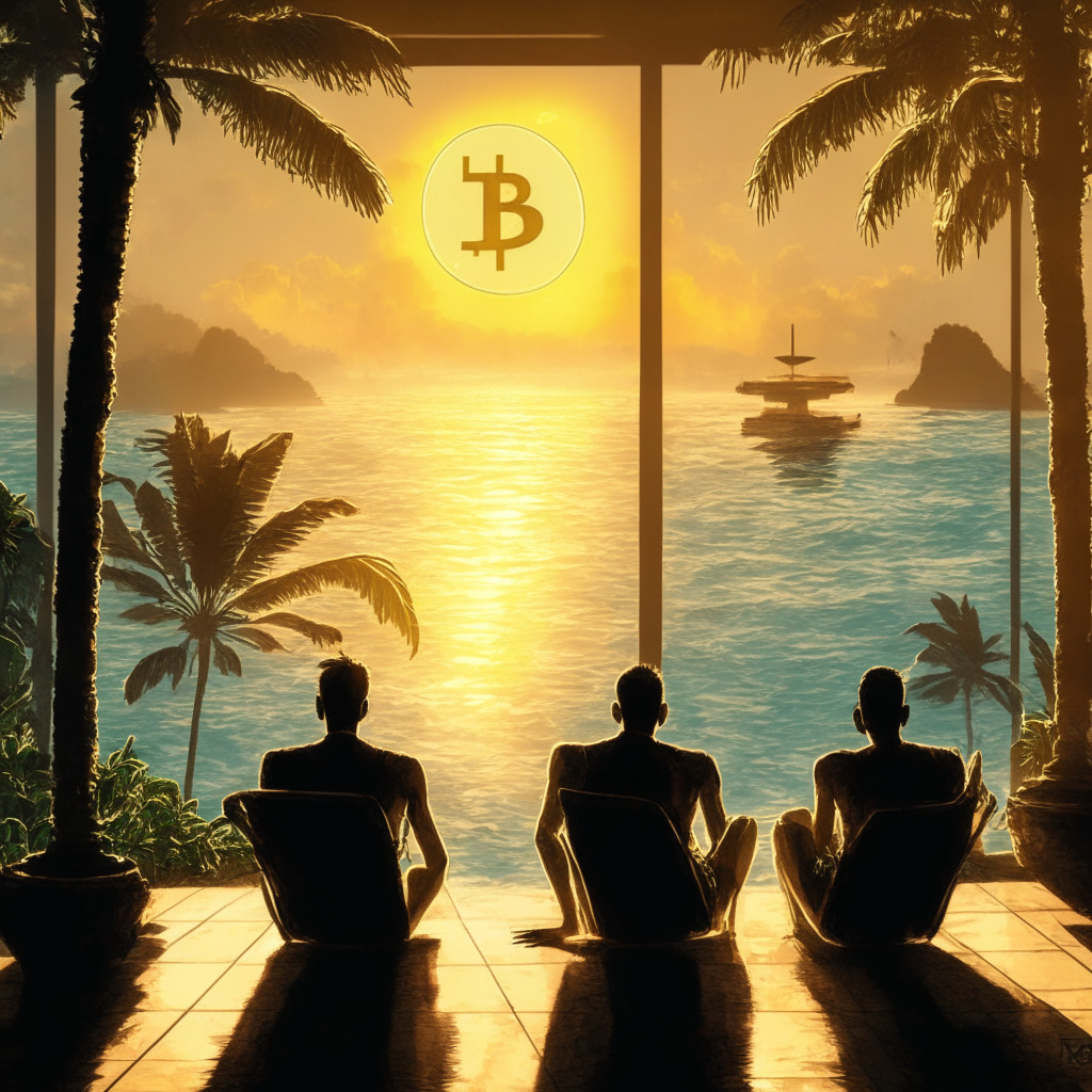 Cryptocurrency hedge fund collapse, founders enjoying luxurious lifestyle, Bali setting, golden sun rays reflecting on a tropical paradise, serene ocean view, mood of mystery and unsettling calm, disparity in consequences, opulent surroundings, market turmoil silhouette, resilient yet decentralized, future of crypto industry debate.