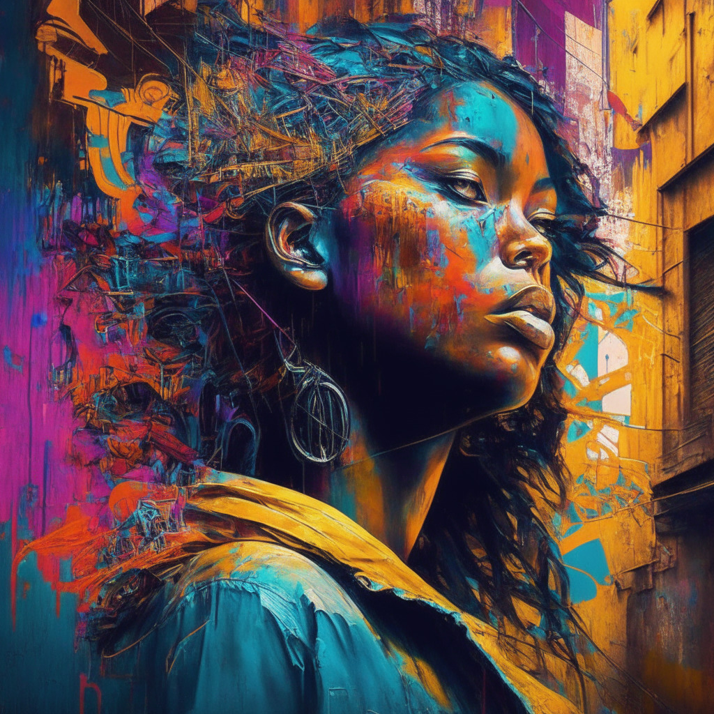 Intricate urban art scene, blockchain inspiration, radiant colors, diverse artists collaborating, fusion of traditional and digital art, soft light, AI elements, empowering brush strokes, harmonious blend of art forms, music and paintings, innovative atmosphere, evolving creativity