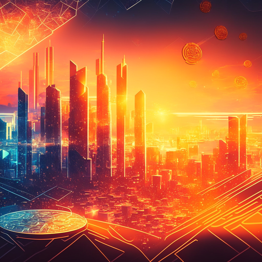 Futuristic financial landscape; glowing city skyline, shining token-like coins, intricate blockchain-style connections; Taurus-Polygon partnership in the foreground; warm sunset hues, low-angle sunlight; chiaroscuro effect highlighting contrasts; optimistic mood, a sense of innovation and progress; attention on security, compliance, and scalability challenges.