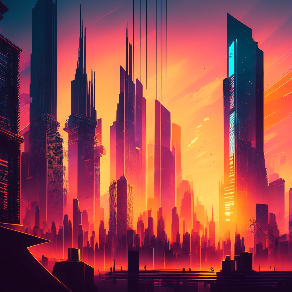 Intricate cityscape with futuristic skyscrapers, a diverse group of experts discussing tokenization, luminous holograms showcasing digital assets, warm sunset hues, abstract financial charts, blend of realism and cyberpunk style, air of optimism and determination, contrasting shadows and vibrant light.