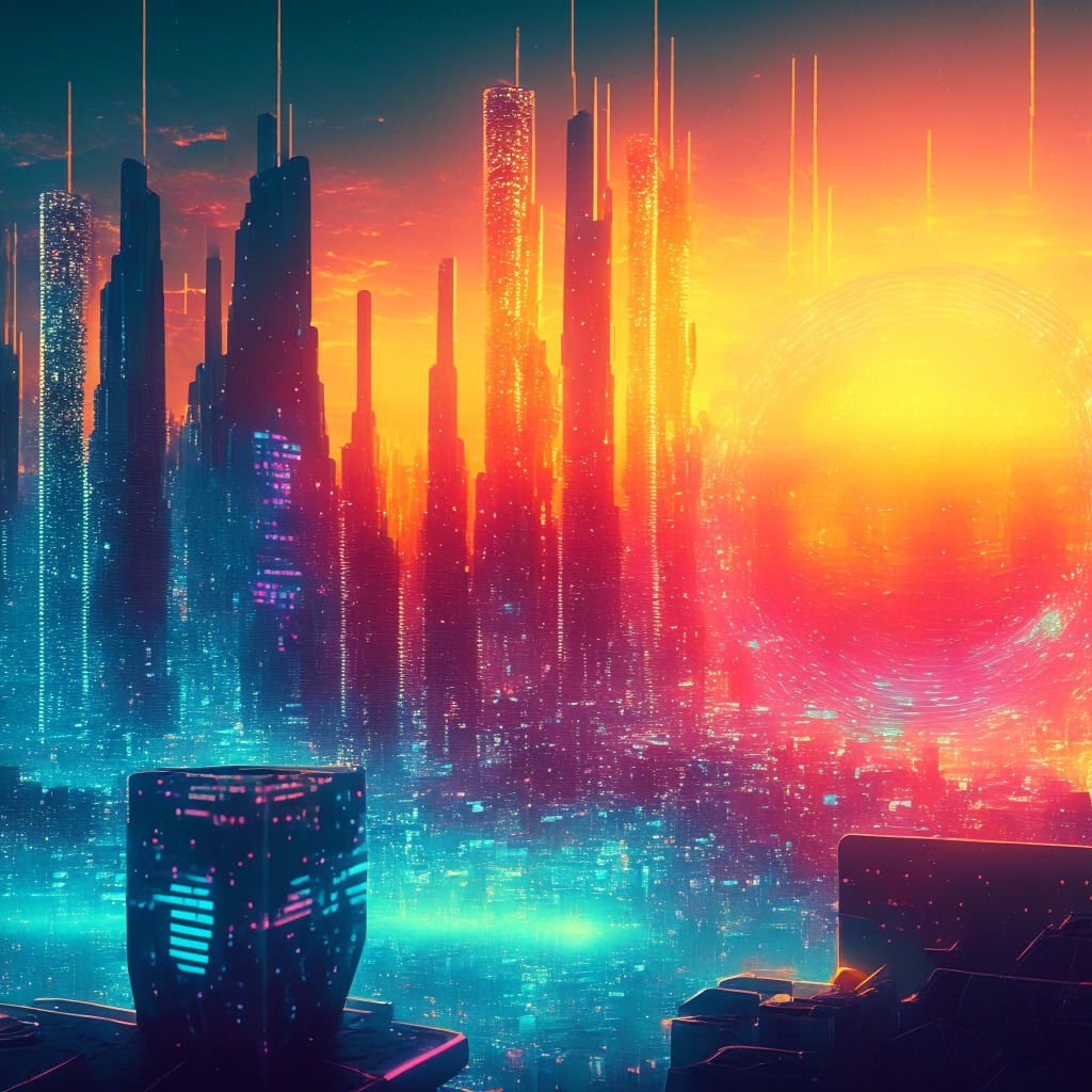 Sunrise over a futuristic city, tokenized assets represented as glowing holograms, blockchain network links connecting them, central bank digital currency and stablecoins in the foreground, a regulatory balance scale delicately placed, mood: cautiously optimistic, artistic style: cyberpunk meets impressionism.